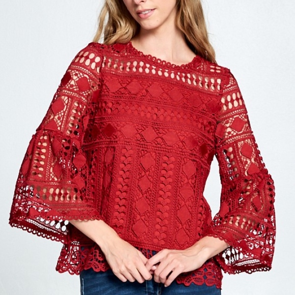 Last 1! NWT Red Lace Top with bell sleeves - Picture 5 of 5